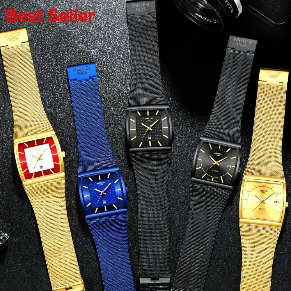 Stainless Steel Square Analog Quartz Watch with Mesh Strap